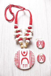 White & Red Handcrafted Terracotta Clay Choker Neklace Set with Adjustable Thread Closure