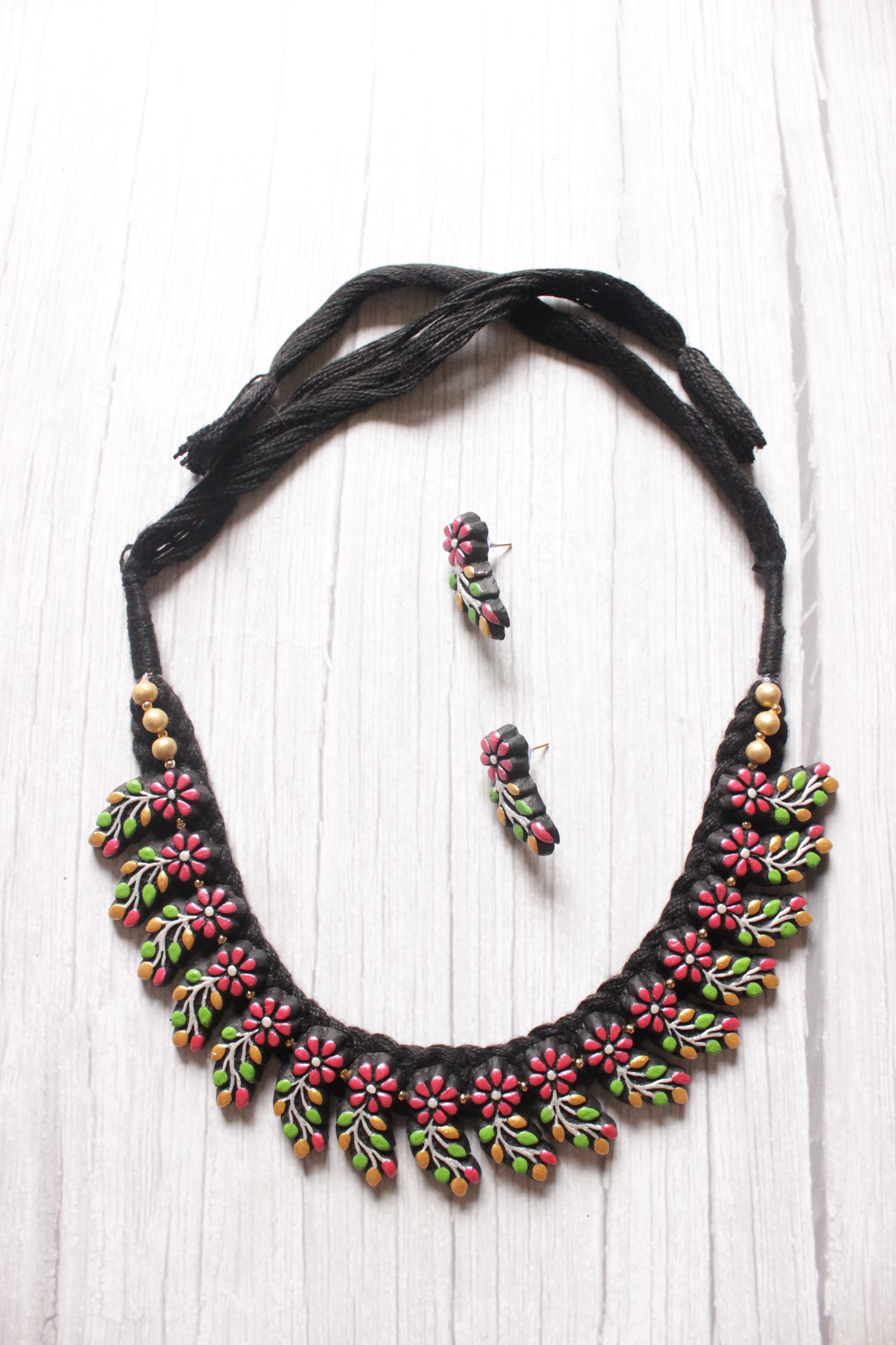 Flowers and Leaves Hand Painted Terracotta Clay Choker Necklace Set with Adjustable Thread Closure