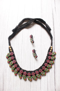 Flowers and Leaves Hand Painted Terracotta Clay Choker Necklace Set with Adjustable Thread Closure