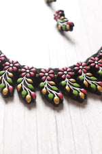 Load image into Gallery viewer, Flowers and Leaves Hand Painted Terracotta Clay Choker Necklace Set with Adjustable Thread Closure
