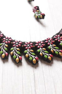 Flowers and Leaves Hand Painted Terracotta Clay Choker Necklace Set with Adjustable Thread Closure