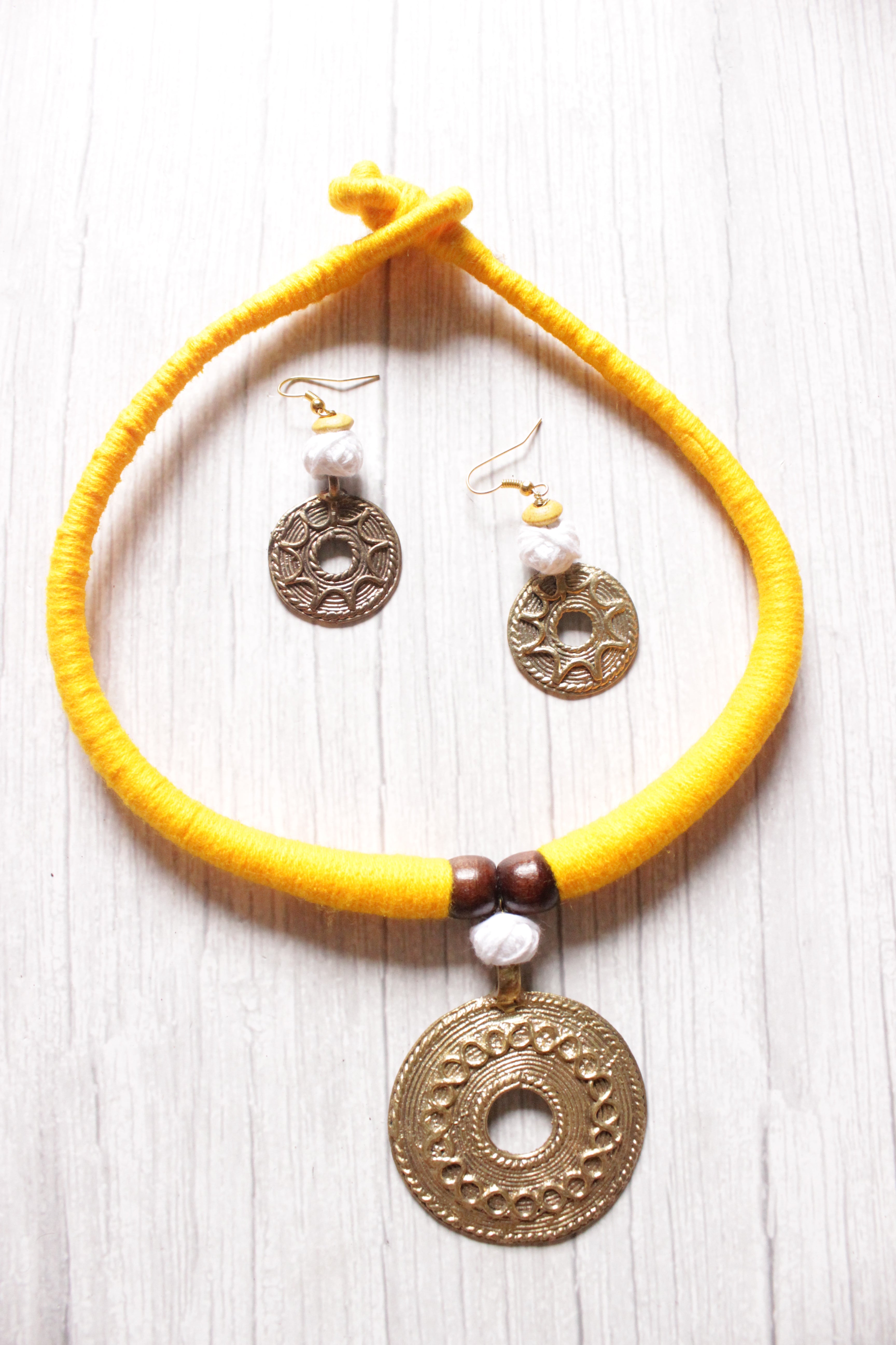 Yellow Hand Braided Dhokra Pendant Hasli Style Necklace Set