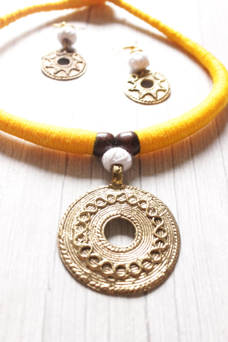 Yellow Hand Braided Dhokra Pendant Hasli Style Necklace Set