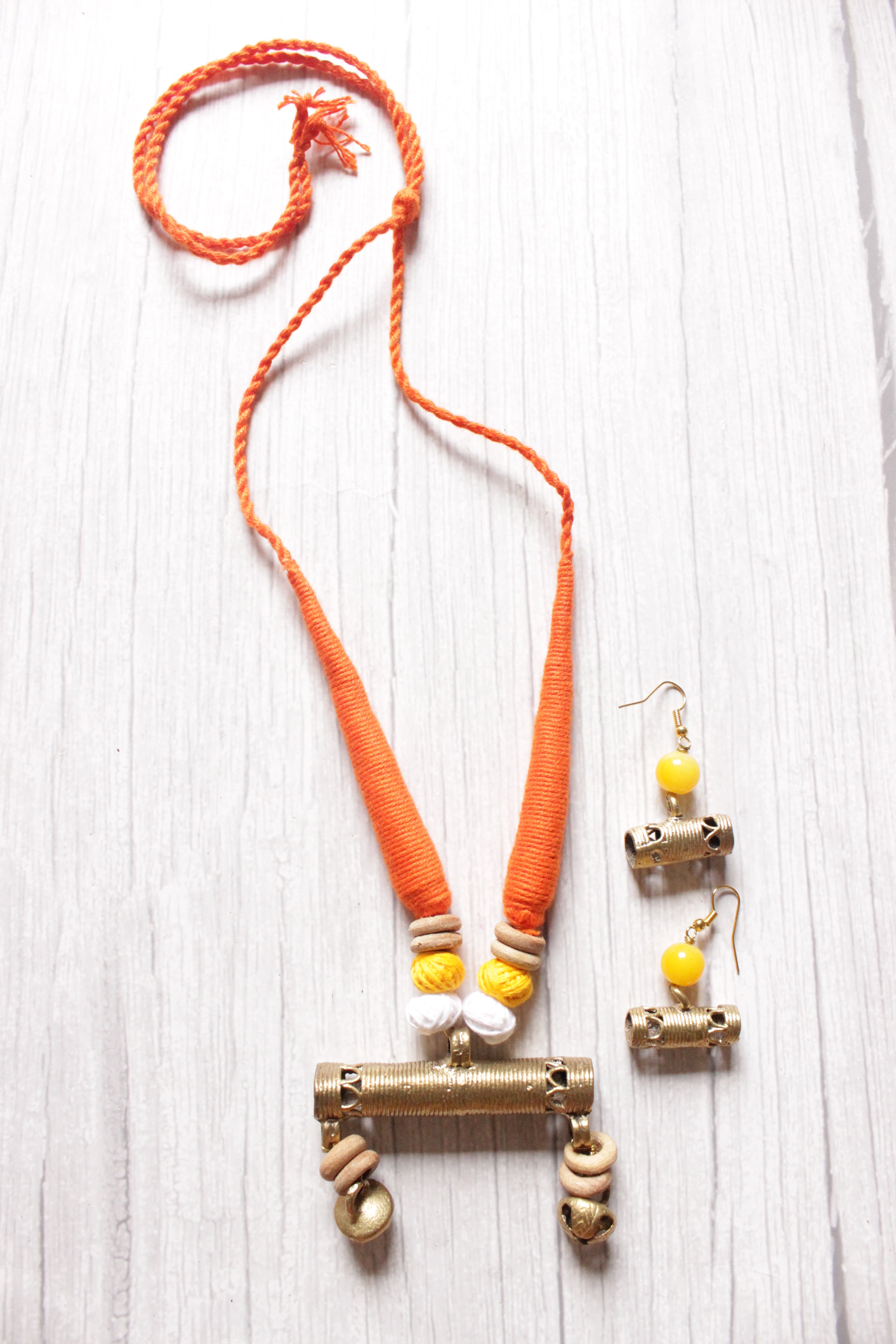 Orange Hand Braided Dhokra Pendant Adjustable Closure Necklace Set