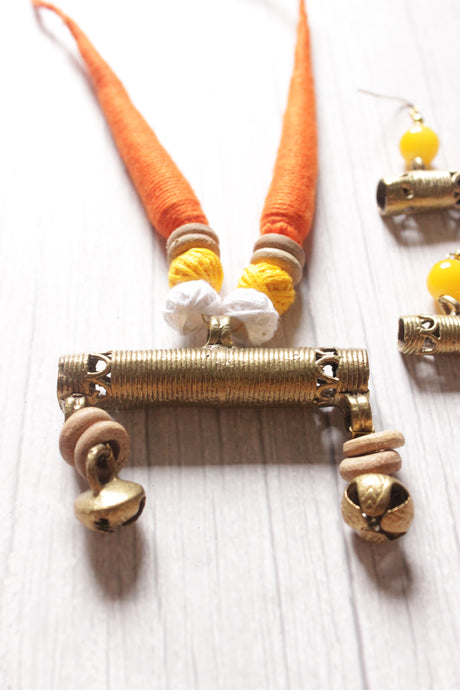 Orange Hand Braided Dhokra Pendant Adjustable Closure Necklace Set