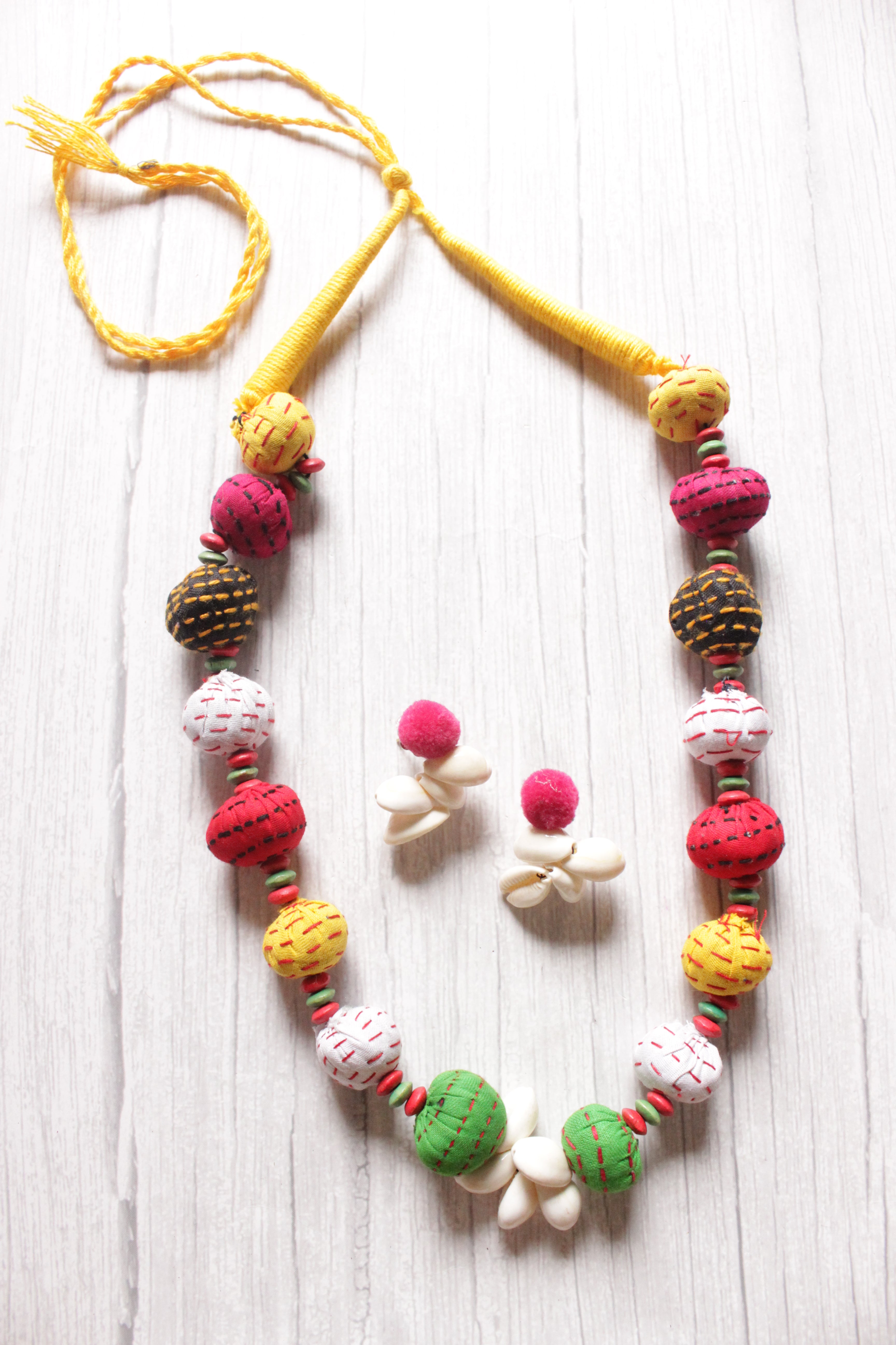 Multi-Color Hand Stitched Fabric Beads and Shell Work Fabric Necklace Set