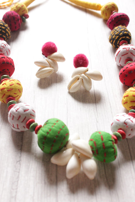 Multi-Color Hand Stitched Fabric Beads and Shell Work Fabric Necklace Set