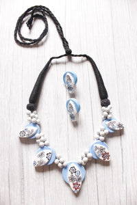 Sky Blue Flowers Hand Painted Terracotta Clay Choker Necklace Set with Adjustable Thread Closure