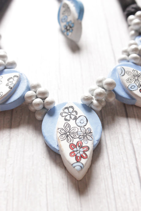 Sky Blue Flowers Hand Painted Terracotta Clay Choker Necklace Set with Adjustable Thread Closure