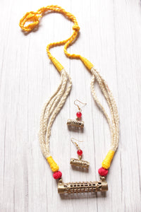 Off-White Hand Braided Dhokra Pendant Adjustable Closure Necklace Set