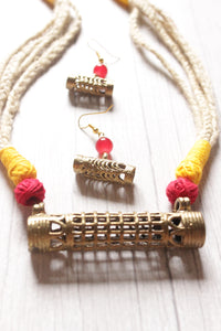 Off-White Hand Braided Dhokra Pendant Adjustable Closure Necklace Set