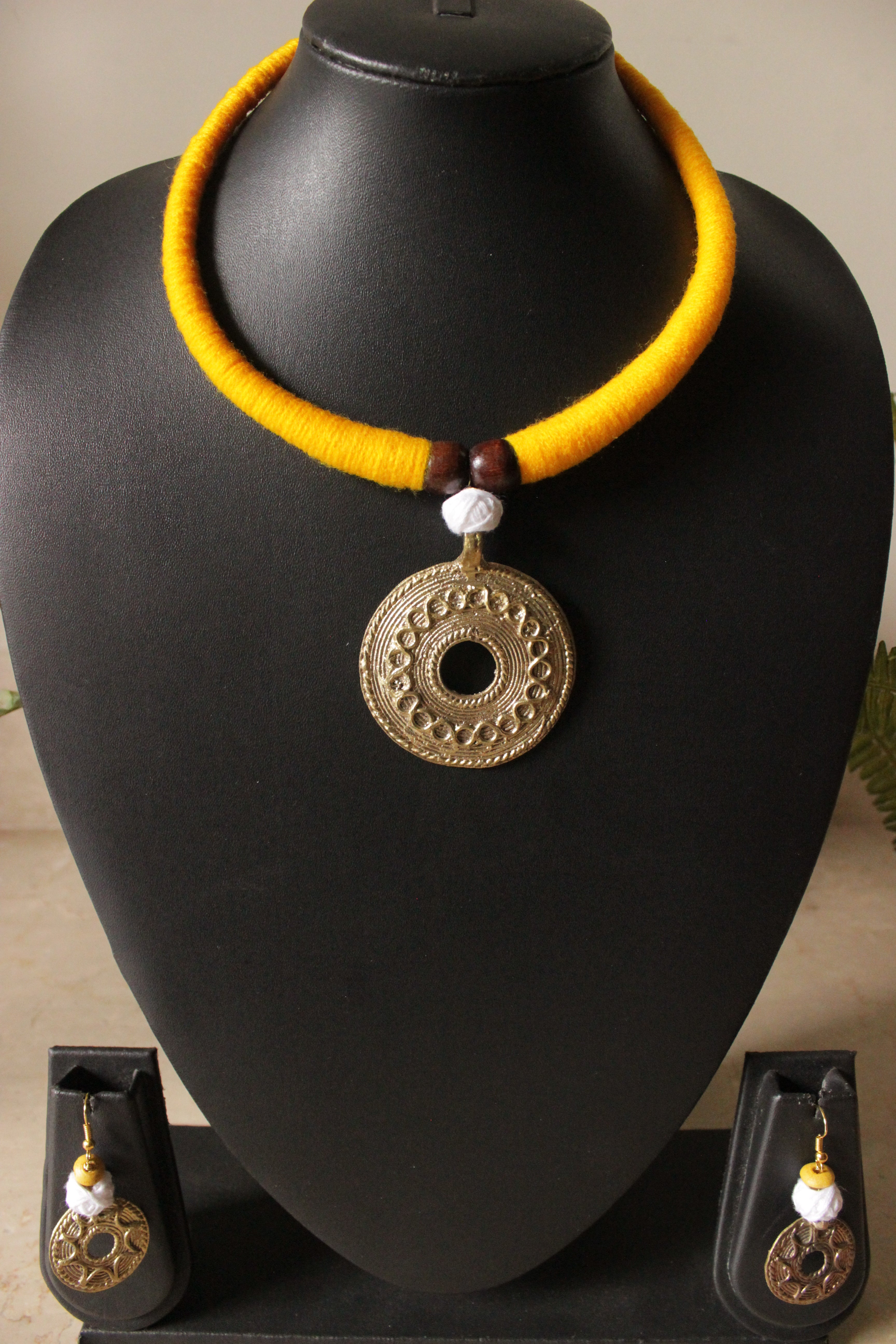Yellow Hand Braided Dhokra Pendant Hasli Style Necklace Set