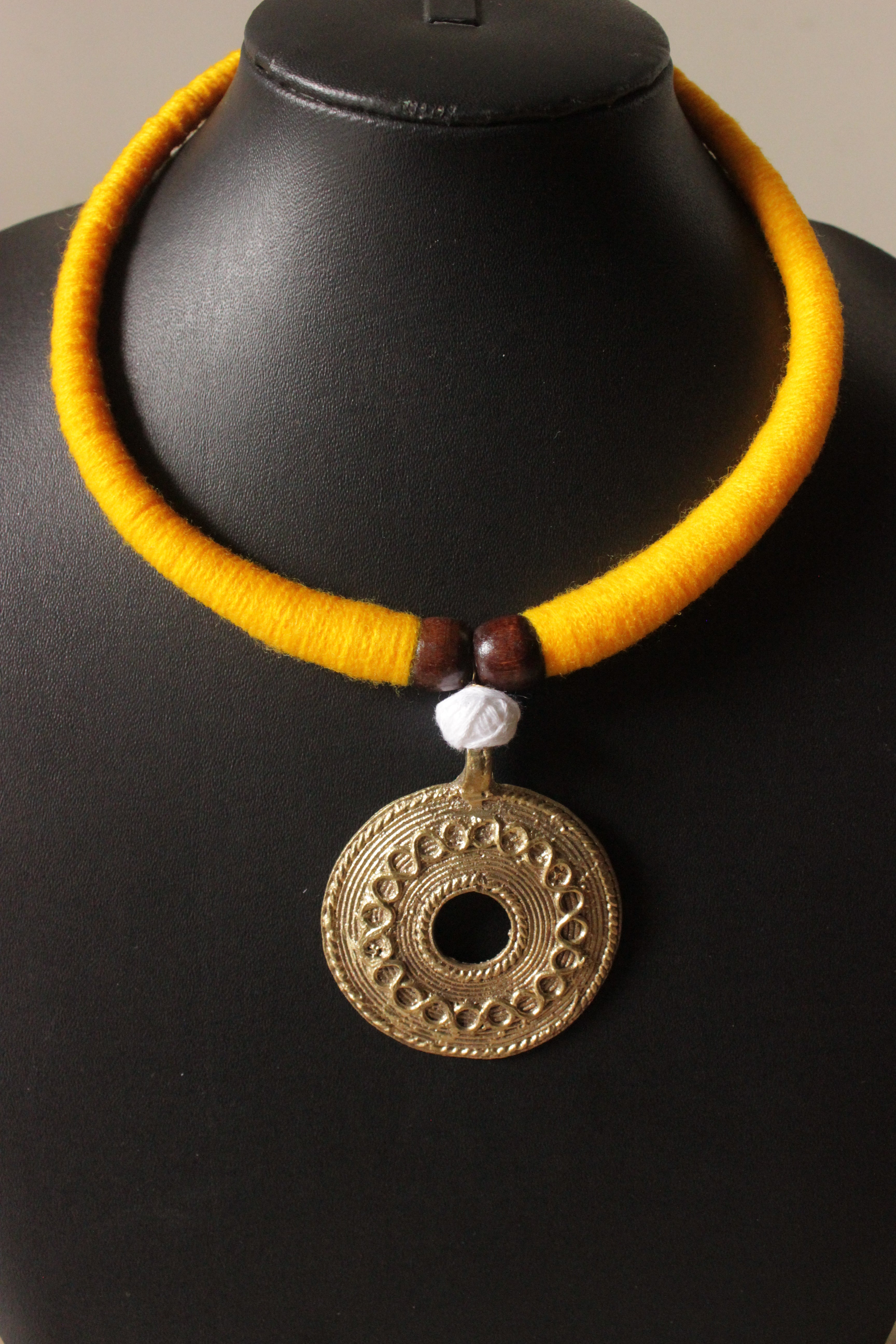 Yellow Hand Braided Dhokra Pendant Hasli Style Necklace Set