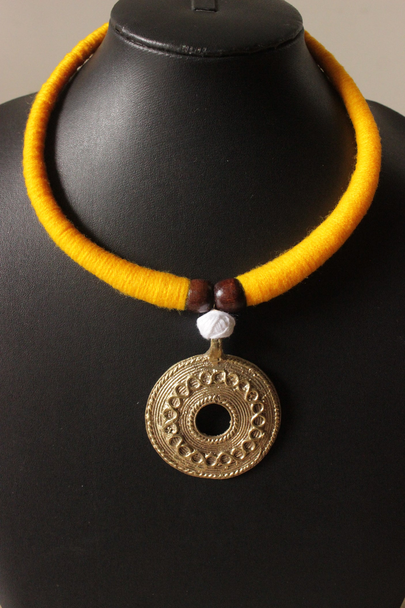 Yellow Hand Braided Dhokra Pendant Hasli Style Necklace Set