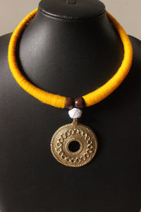 Yellow Hand Braided Dhokra Pendant Hasli Style Necklace Set