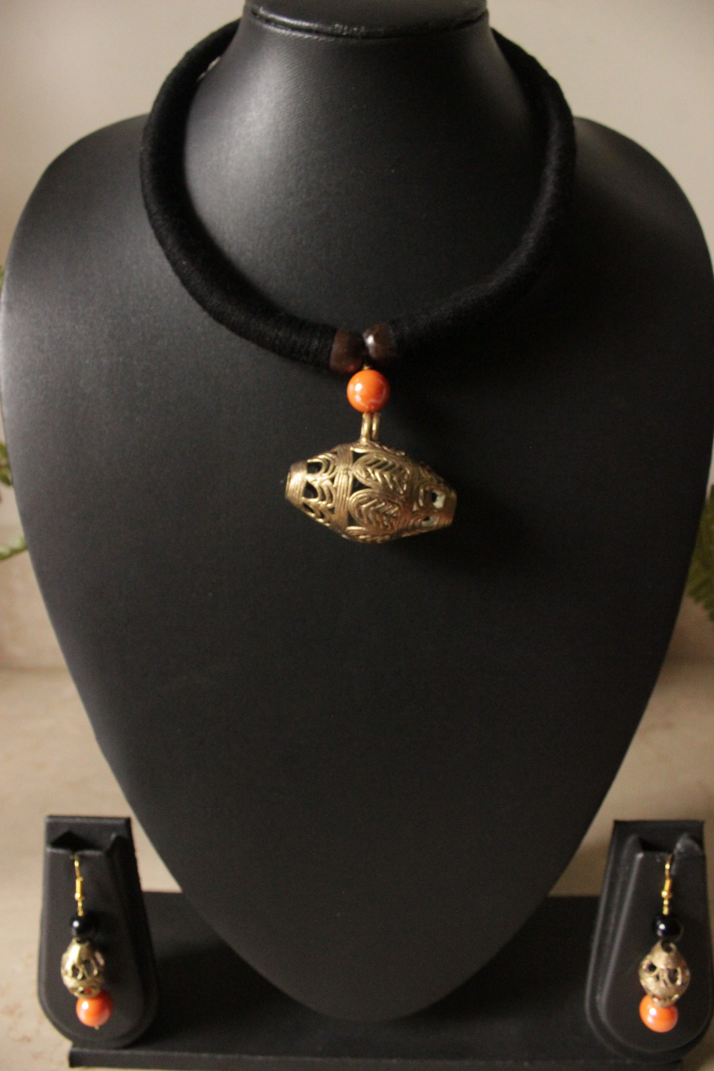 Hand Braided Dhokra Pendant Hasli Style Necklace Set