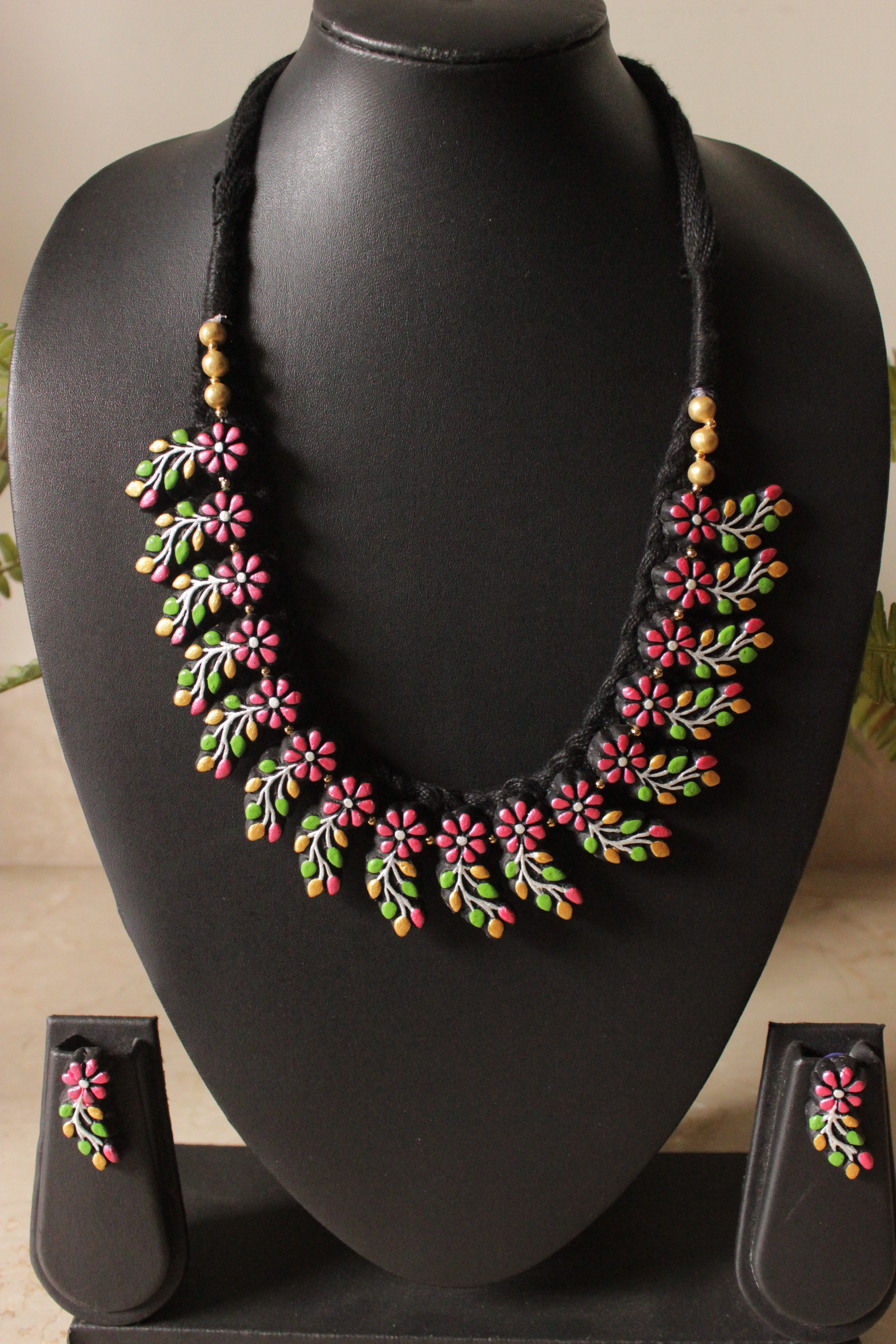 Flowers and Leaves Hand Painted Terracotta Clay Choker Necklace Set with Adjustable Thread Closure