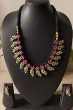 Load image into Gallery viewer, Flowers and Leaves Hand Painted Terracotta Clay Choker Necklace Set with Adjustable Thread Closure
