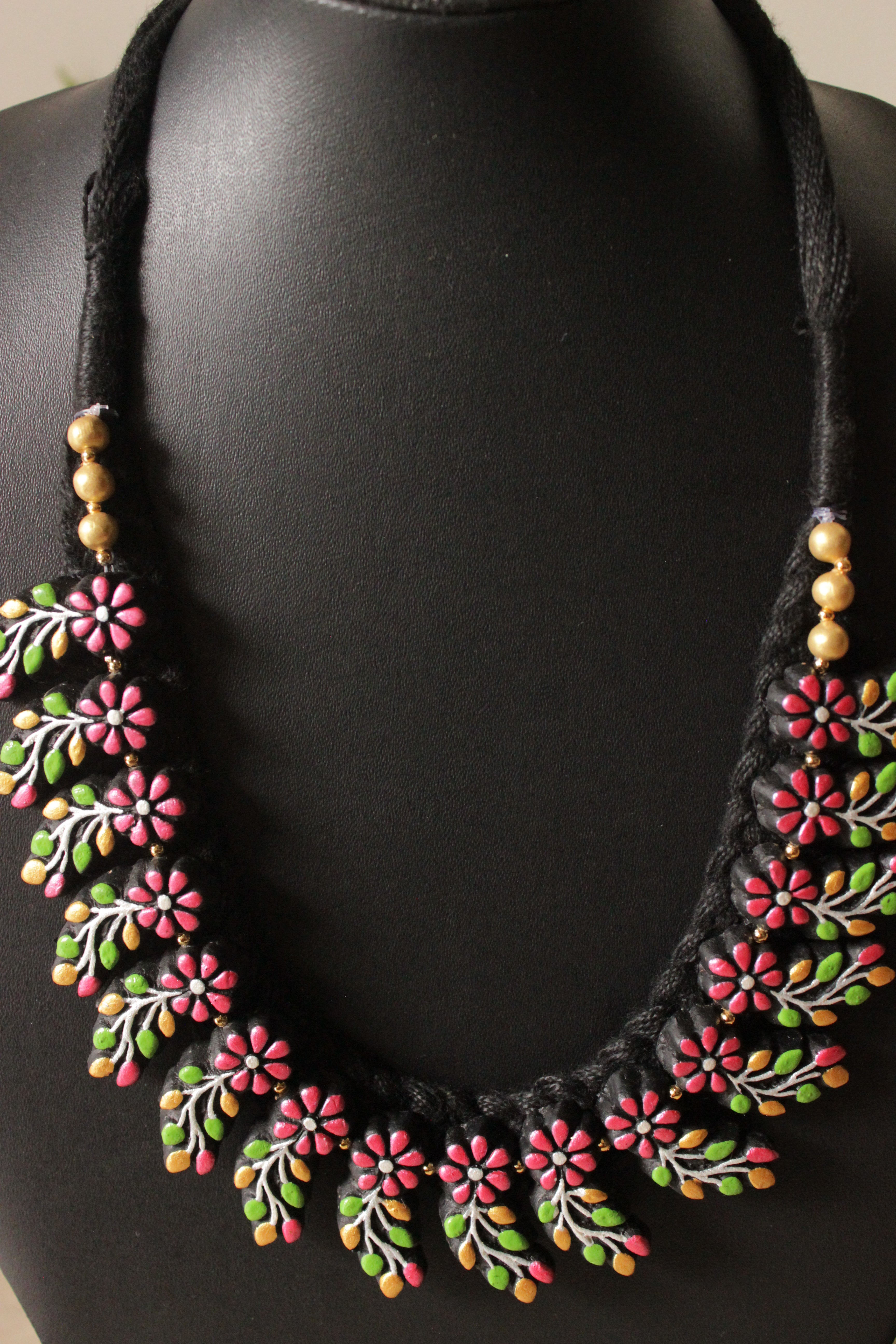 Flowers and Leaves Hand Painted Terracotta Clay Choker Necklace Set with Adjustable Thread Closure