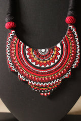 Intricately Detailed Black and Red Handcrafted Terracotta Clay Necklace Set