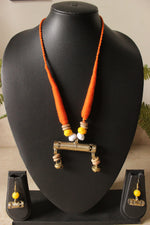 Load image into Gallery viewer, Orange Hand Braided Dhokra Pendant Adjustable Closure Necklace Set
