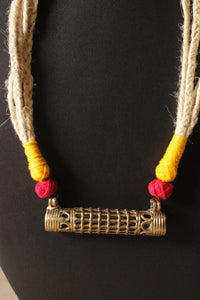 Off-White Hand Braided Dhokra Pendant Adjustable Closure Necklace Set