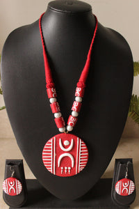 Red & White Handcrafted Terracotta Clay Choker Neklace Set with Adjustable Thread Closure