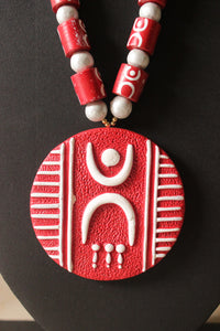 Red & White Handcrafted Terracotta Clay Choker Neklace Set with Adjustable Thread Closure