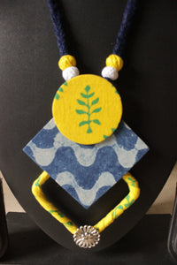 Earthy Indigo & Yellow Fabric Choker Necklace Set with Stud Earrings and Adjustable Thread Closure