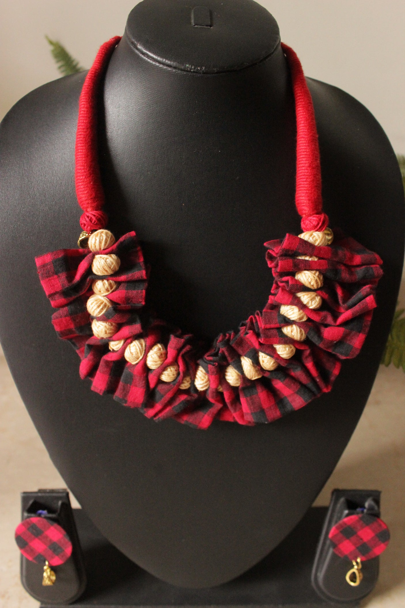 Bagpiper Fabric Handcrafted Adjustable Closure Fabric Necklace Set with Stud Earrings