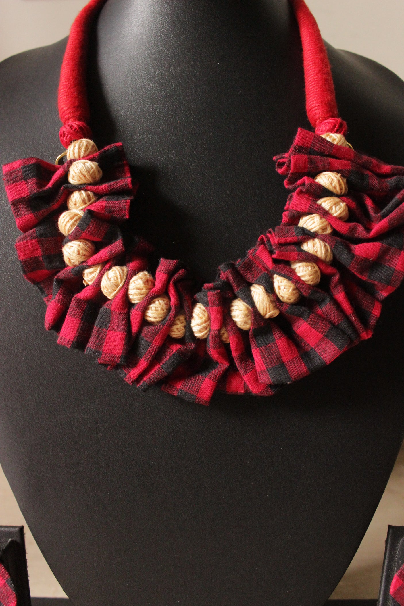 Bagpiper Fabric Handcrafted Adjustable Closure Fabric Necklace Set with Stud Earrings