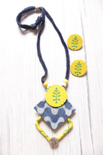Load image into Gallery viewer, Earthy Indigo &amp; Yellow Fabric Choker Necklace Set with Stud Earrings and Adjustable Thread Closure
