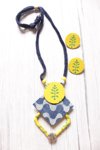 Earthy Indigo & Yellow Fabric Choker Necklace Set with Stud Earrings and Adjustable Thread Closure