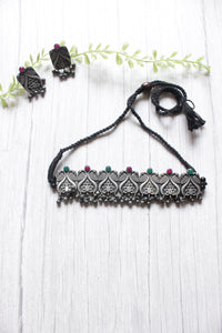 Multi-Color Stones Embedded Oxidised Finish Choker Necklace Set