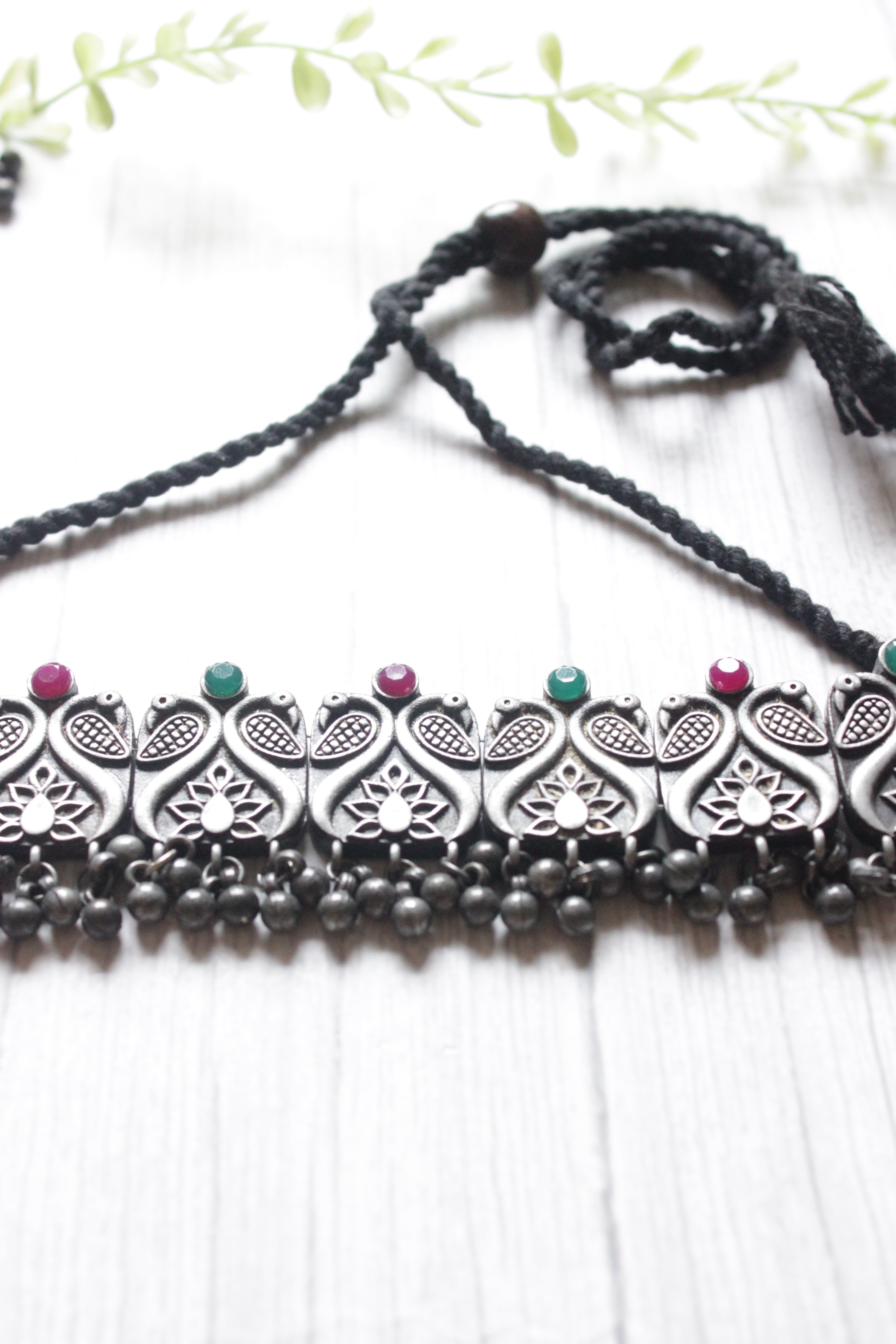 Multi-Color Stones Embedded Oxidised Finish Choker Necklace Set