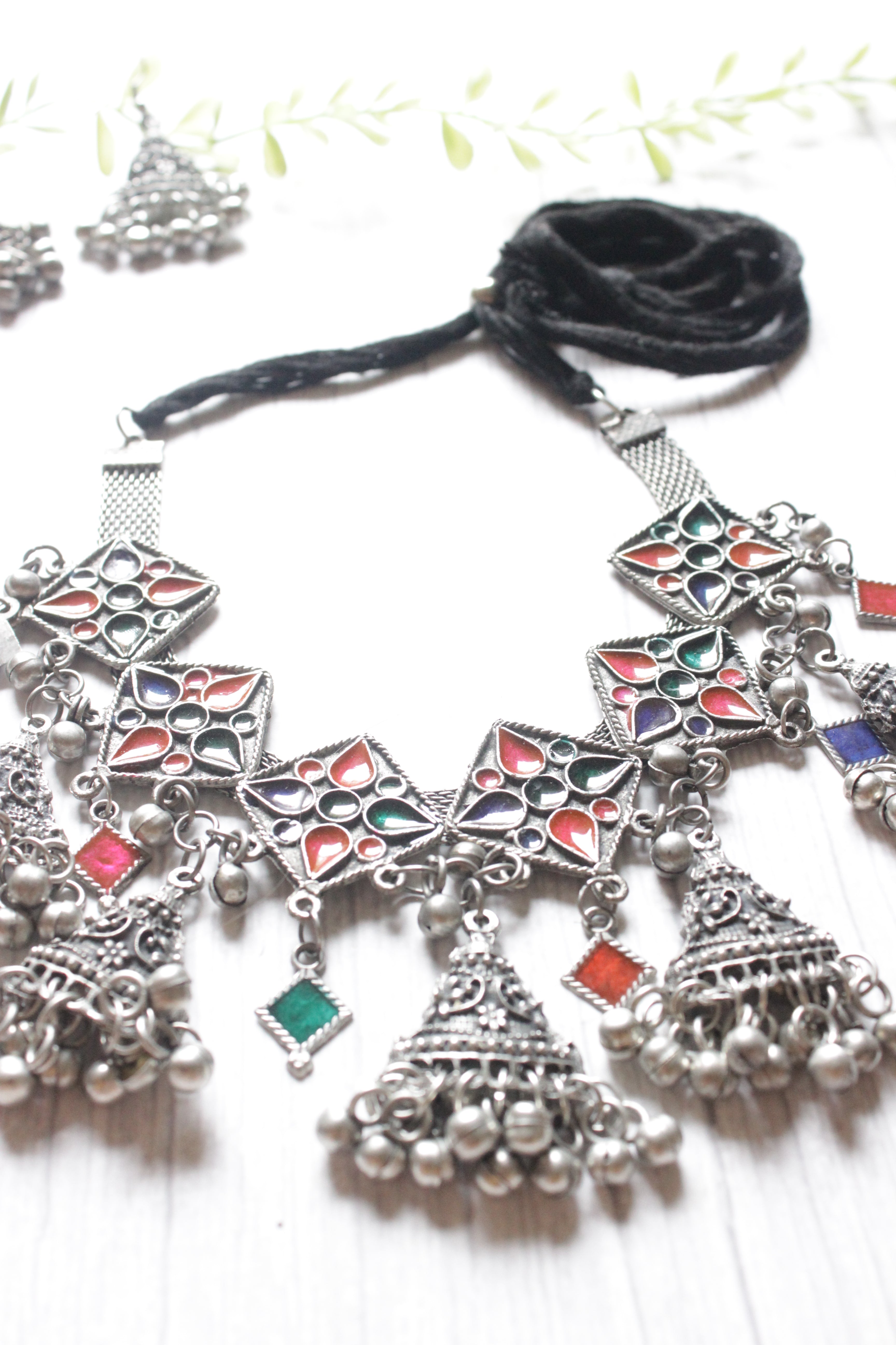 Multi-Color Enamel Painted Elaborate Oxidised Finish Choker Necklace Set