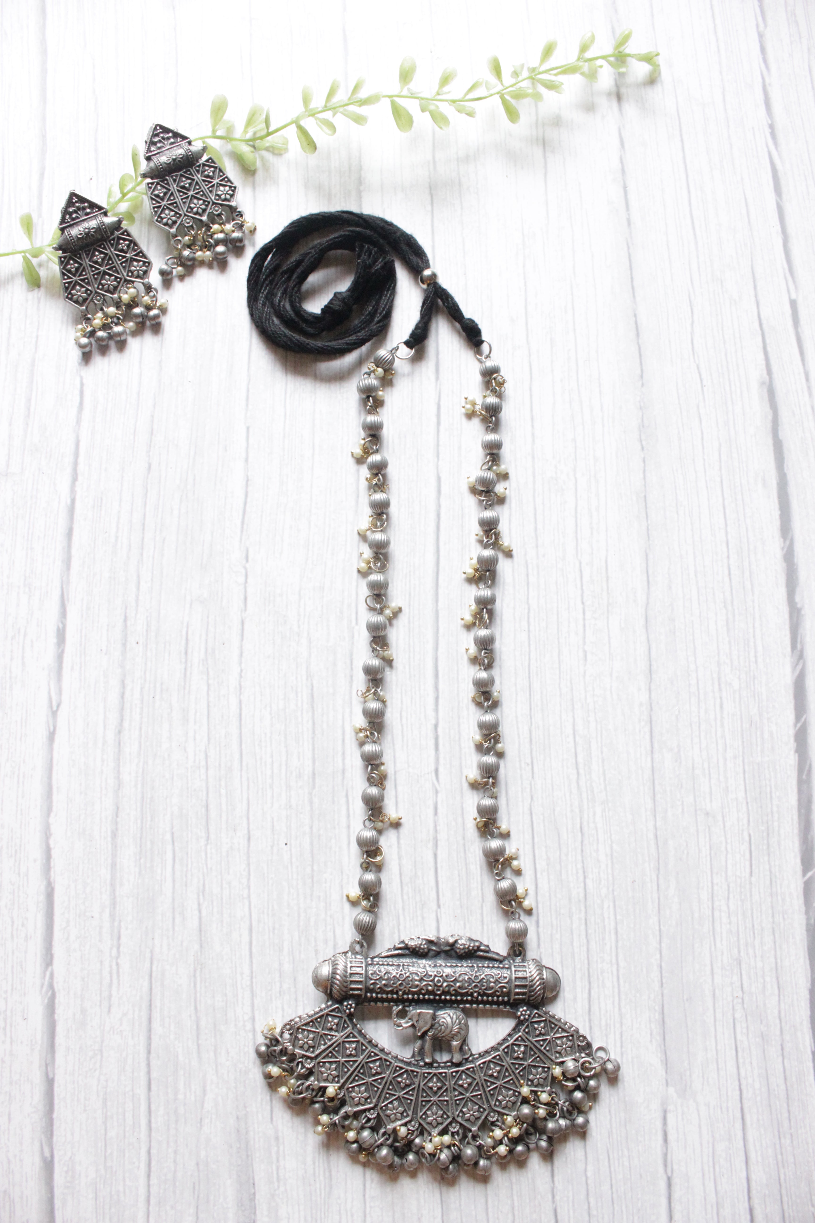 Elephant Motif Intricately Detailed Long Oxidised Finish Chain Necklace Set with Dori Closure