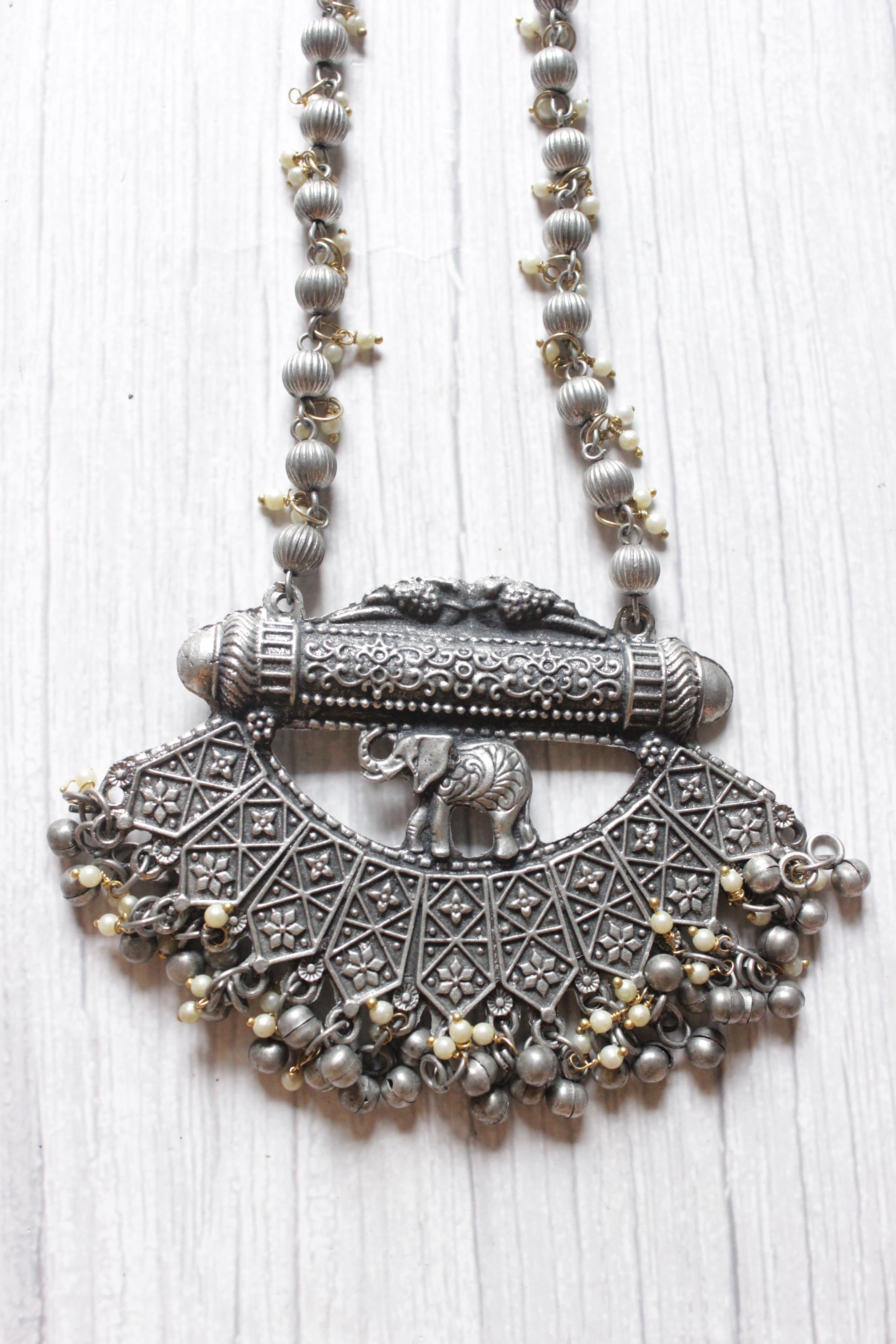 Elephant Motif Intricately Detailed Long Oxidised Finish Chain Necklace Set with Dori Closure