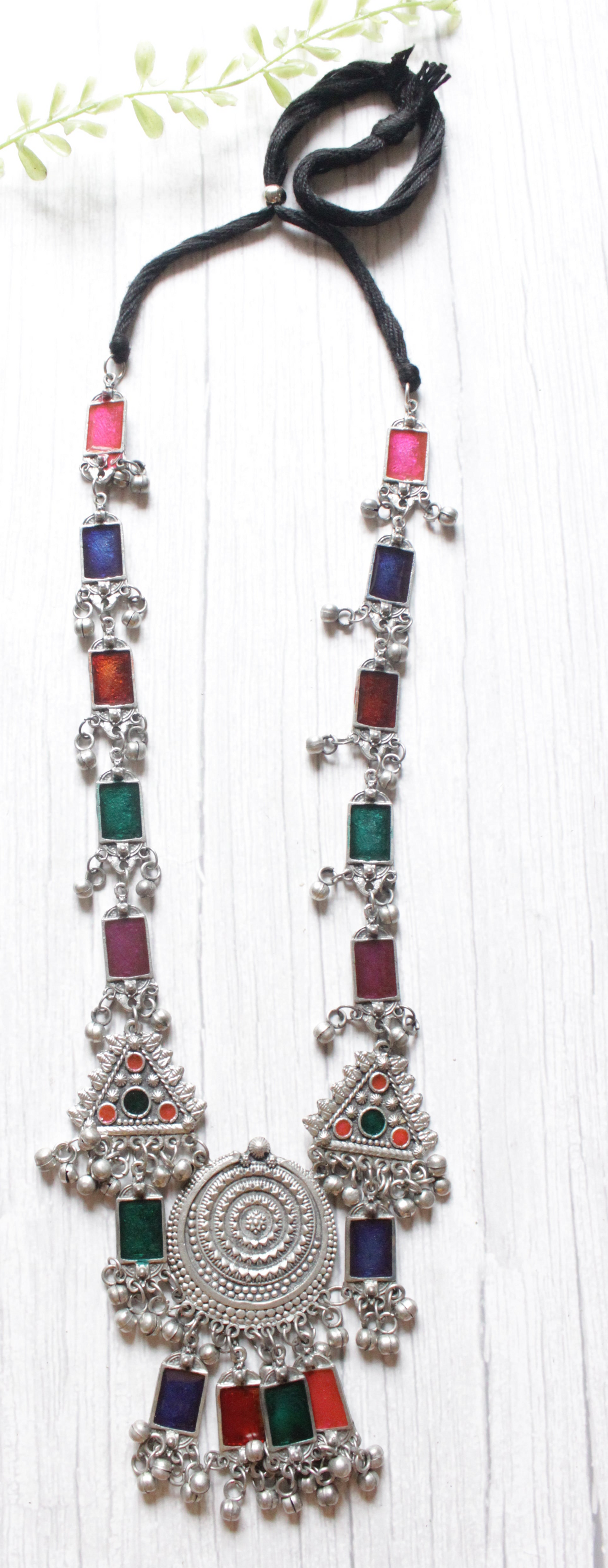 Multi-Color Enamel Painted Long Silver Finish Chain Necklace Set with Dori Closure