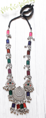 Multi-Color Enamel Painted Long Silver Finish Chain Necklace Set with Dori Closure