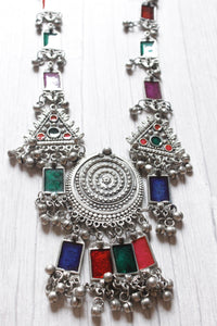 Multi-Color Enamel Painted Long Silver Finish Chain Necklace Set with Dori Closure