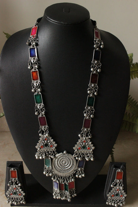 Multi-Color Enamel Painted Long Silver Finish Chain Necklace Set with Dori Closure