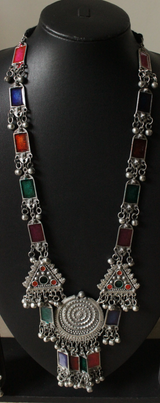 Multi-Color Enamel Painted Long Silver Finish Chain Necklace Set with Dori Closure