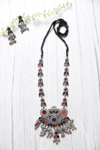 Multi-Color Enamel Painted Intricately Detailed Long Silver Finish Chain Necklace Set with Dori Closure