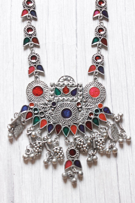 Multi-Color Enamel Painted Intricately Detailed Long Silver Finish Chain Necklace Set with Dori Closure
