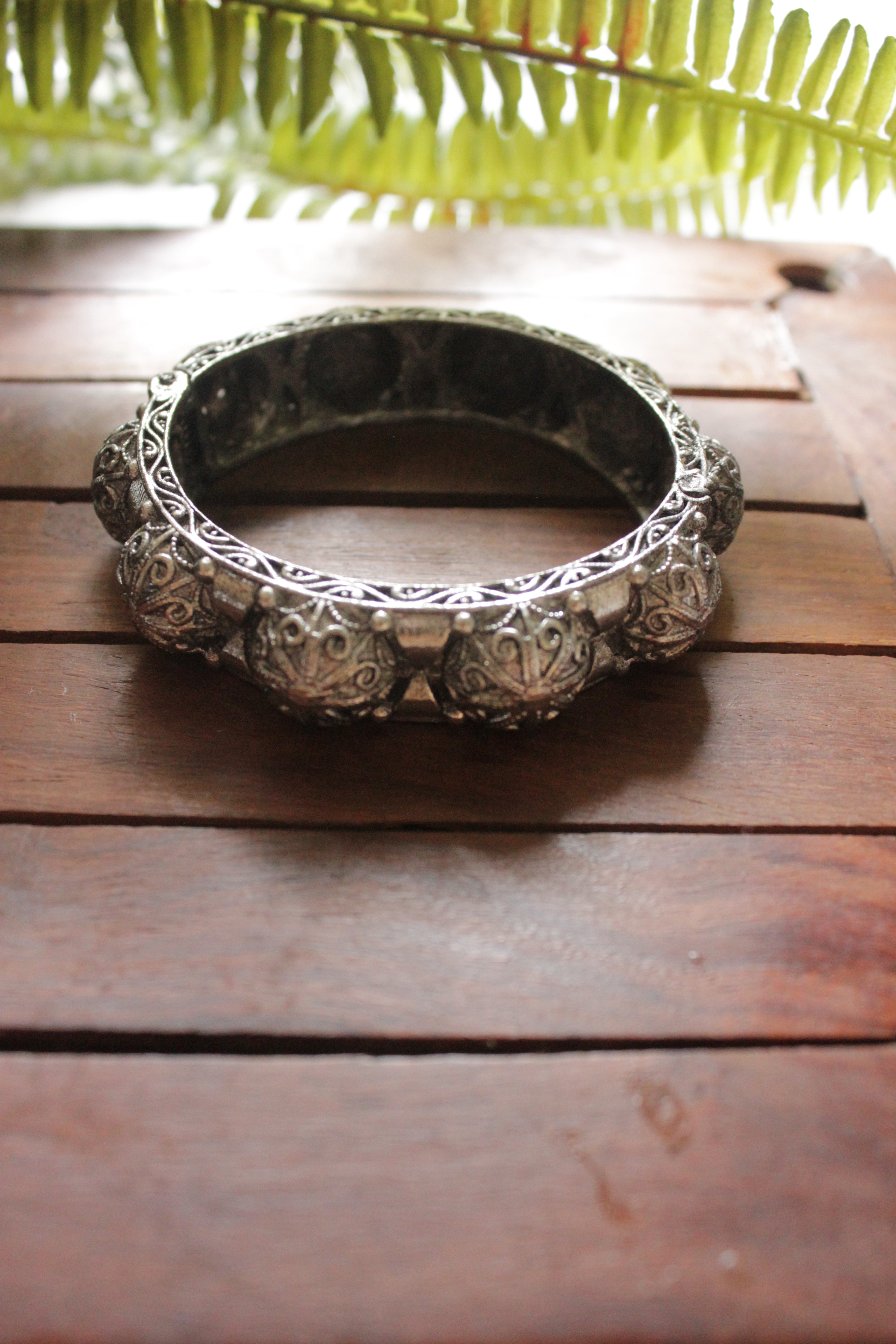 Oxidised Silver Finish Intricately Detailed Metal Bracelet/Kada