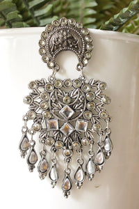 White Stones Embedded Intricately Detailed Silver Finish Statement Earrings