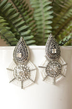 Load image into Gallery viewer, White Stones Embedded Detailed with White Beads Silver Finish Tear Drop Earrings
