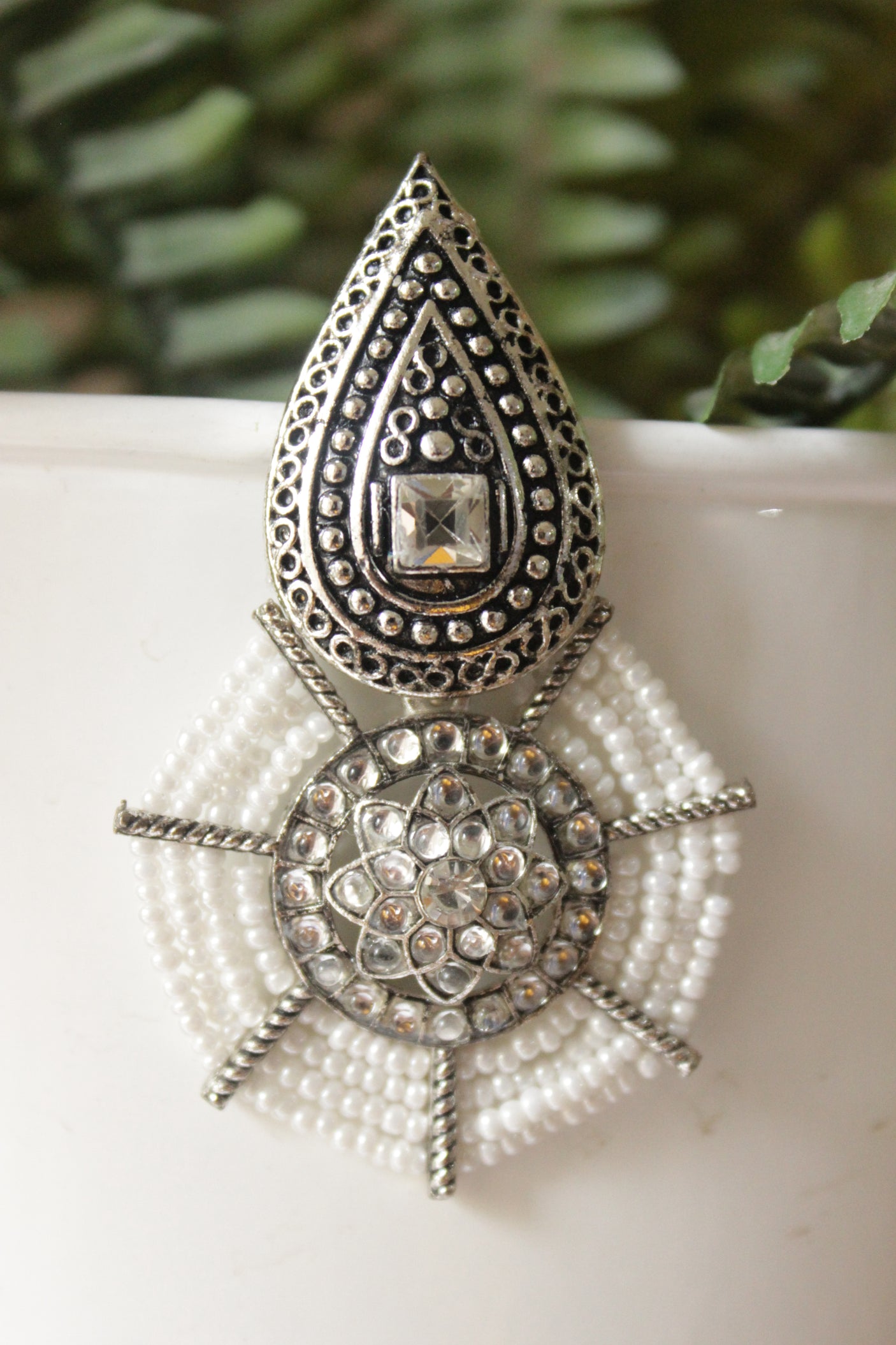 White Stones Embedded Detailed with White Beads Silver Finish Tear Drop Earrings