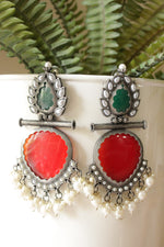 Load image into Gallery viewer, Red &amp; Green Enamel Painted Oxidised Finish Earrings
